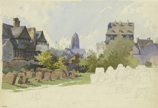 Blick über den Jüdischen Friedhof Battonnstraße in Frankfurt am Main auf Sankt B