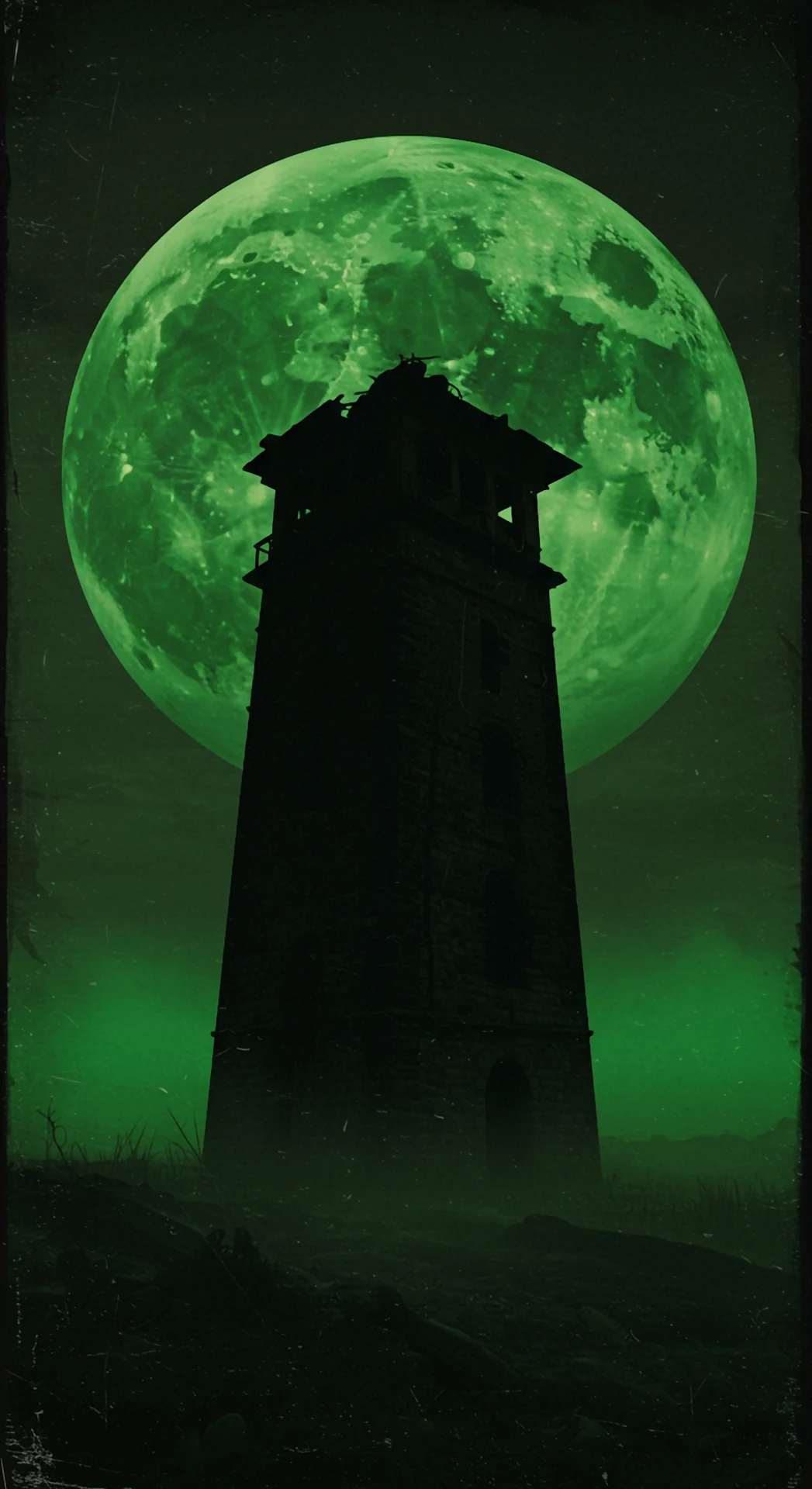 Gothic Tower Silhouette Against Giant Eerie Green Full Moon - Free 4K mobile Wallpaper