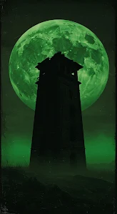 Gothic Tower Silhouette Against Giant Eerie Green Full Moon