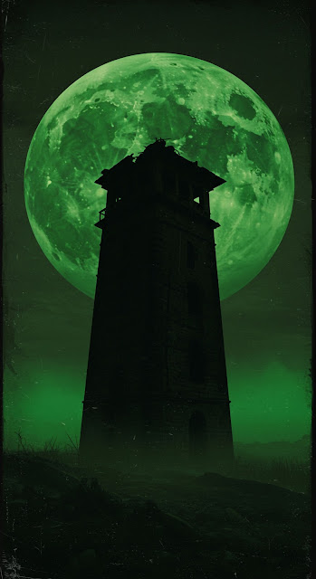 Gothic Tower Silhouette Against Giant Eerie Green Full Moon - Free mobile Wallpaper