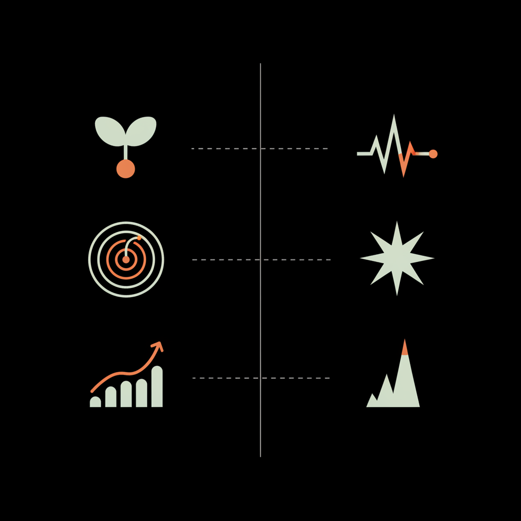 Minimal 2D vector infographic comparing long-term garden approach versus spikes fireworks approach with icons, illustrating Wikipedia vs Wikia