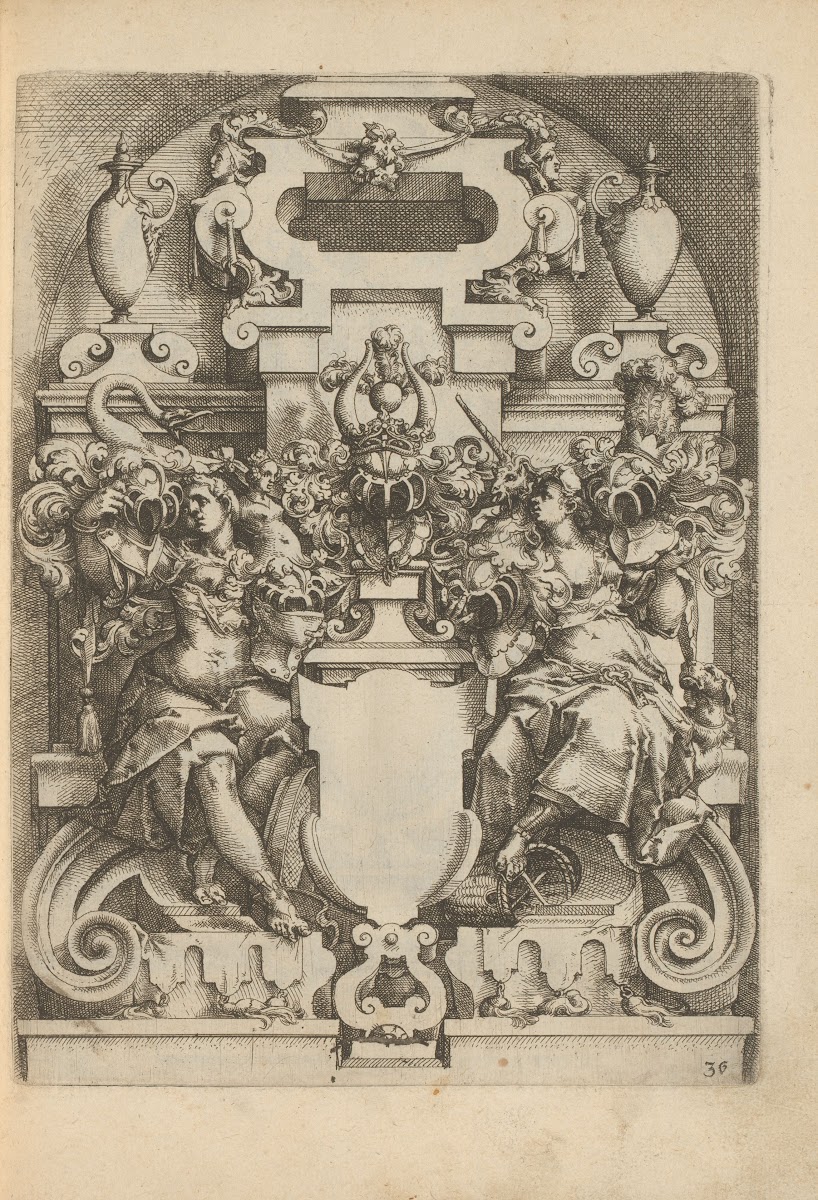 Cartouche flanked by two women a unicorn and a swan 1593 1595
