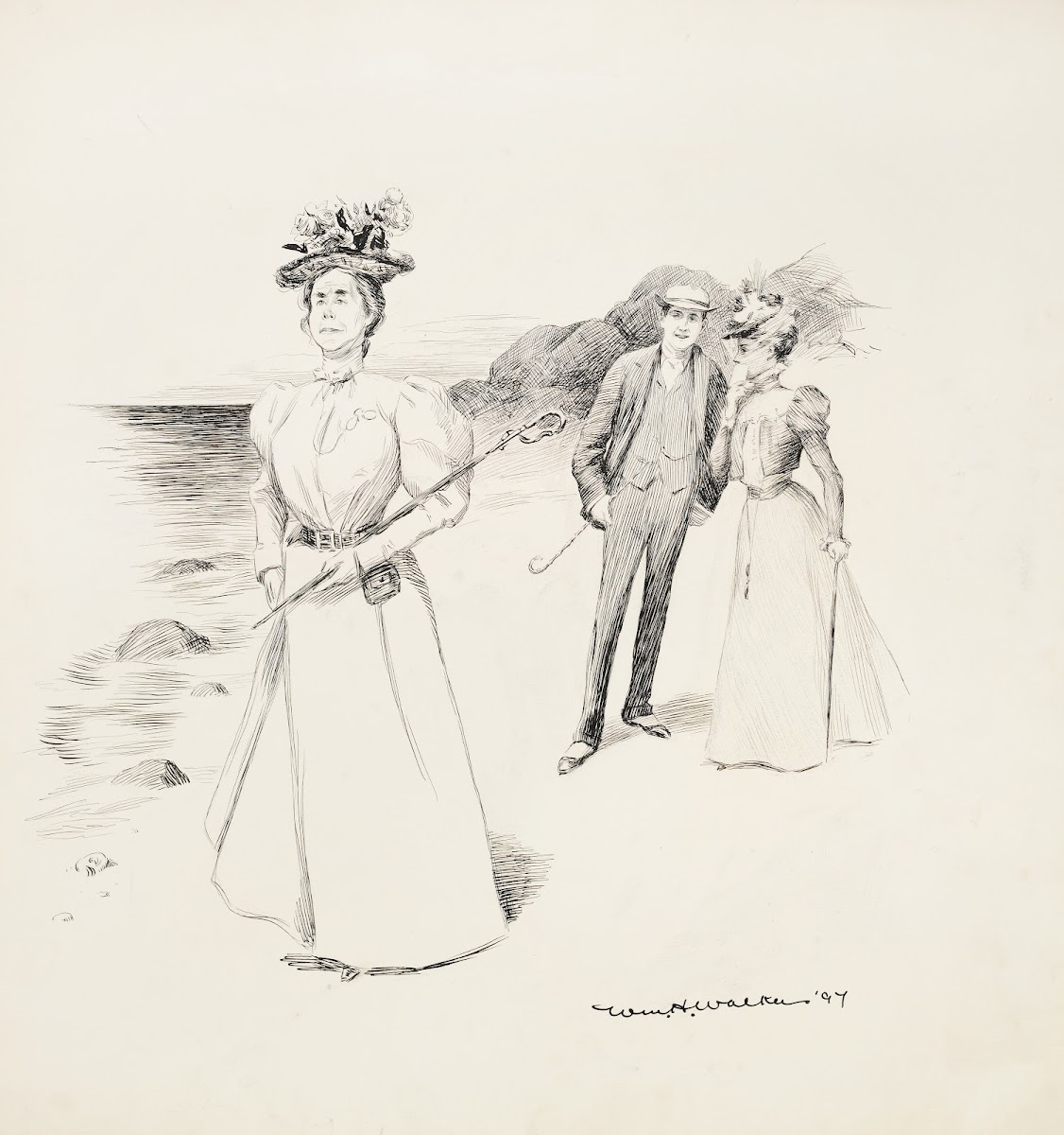 An older woman walks along some rocks holding a sword Behind her walk a young co