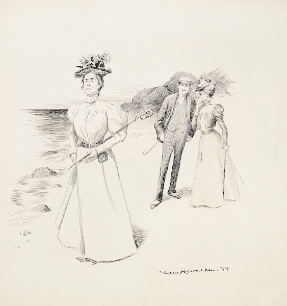 An older woman walks along some rocks holding a sword Behind her walk a young co