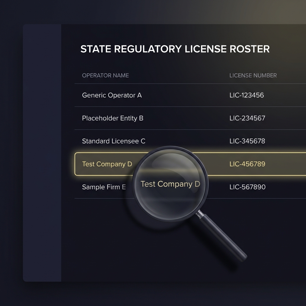 Full frame screenshot of a state regulator license roster with a highlighted operator row and a magnifying glass focusing on draft kings legal