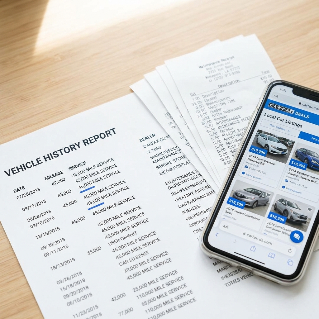 Close up of a printed vehicle history report and maintenance receipts beside a smartphone showing a local listings page with a blue price badge highlighting the trade in price for my car minimalist clean white background