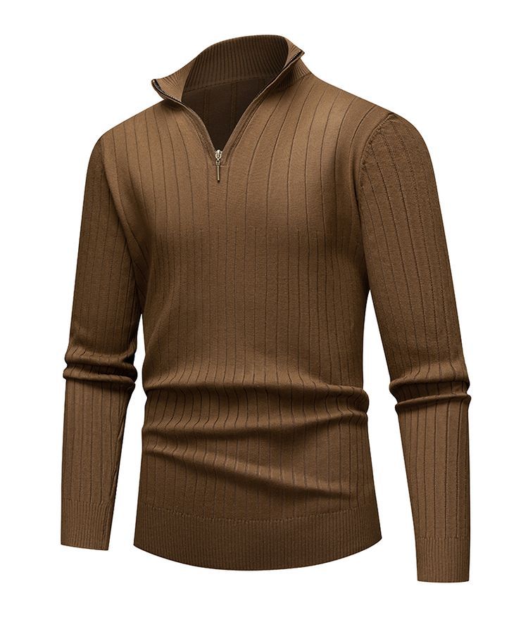Men's knit pullover with stand-up collar and zipper