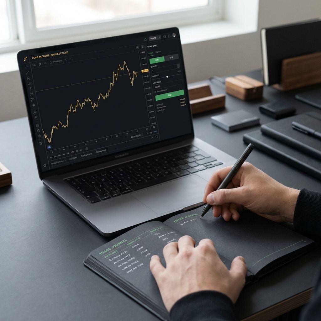 Close up of hands writing in a trade journal beside a demo trading screen showing order entry fields minimalist Finance Police brand colors crypto trading for beginners