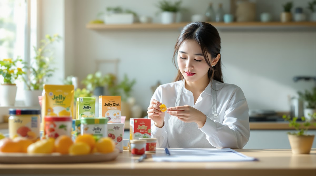 체크리스트와 주의사항을 확인하며 젤리다이어트 실천, 소비자가 젤리 포장과 라벨을 꼼꼼히 점검하는 모습, 건강한 라이프스타일 실천 환경