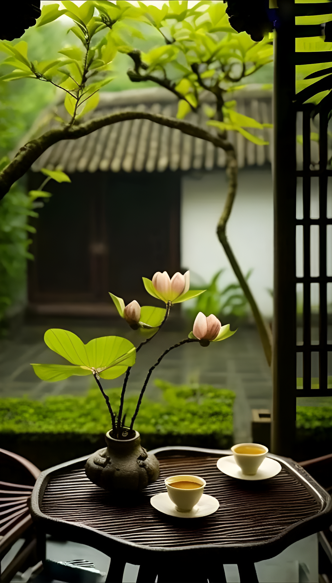 Tea Cups on Woven Table in Serene Garden Courtyard - Free 4K mobile Wallpaper