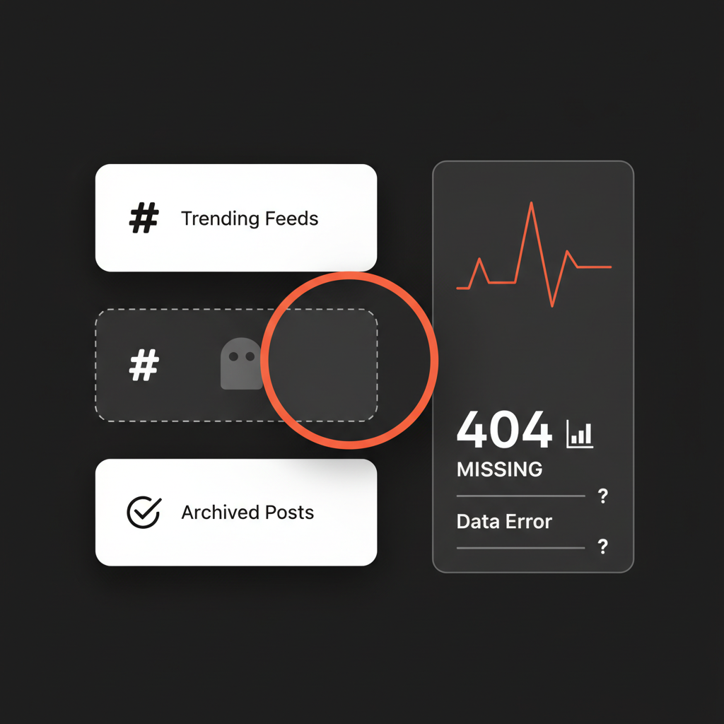 Close-up vector infographic of a hashtag feed with a magnified missing post placeholder and a small analytics sparkline in brand colors, illustrating a shadowban concept