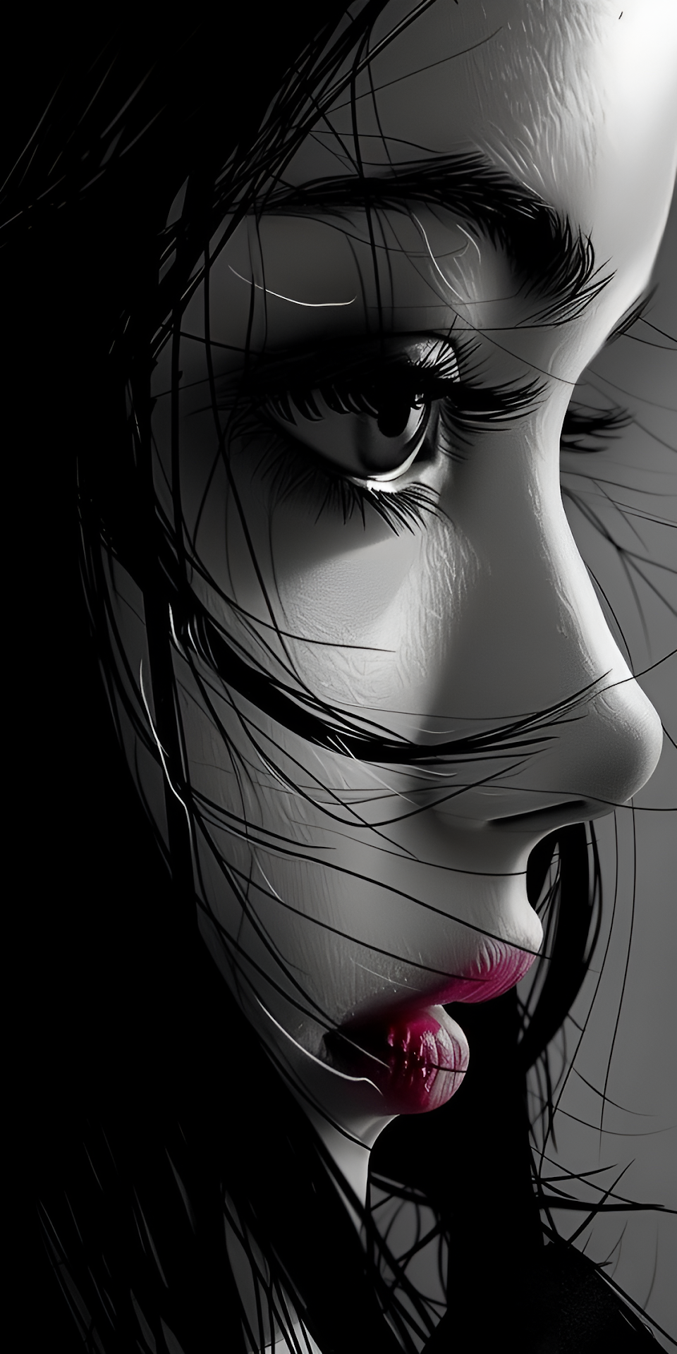 Monochrome Portrait with Bold Red Lips in Dramatic Light - Free 4K mobile Wallpaper