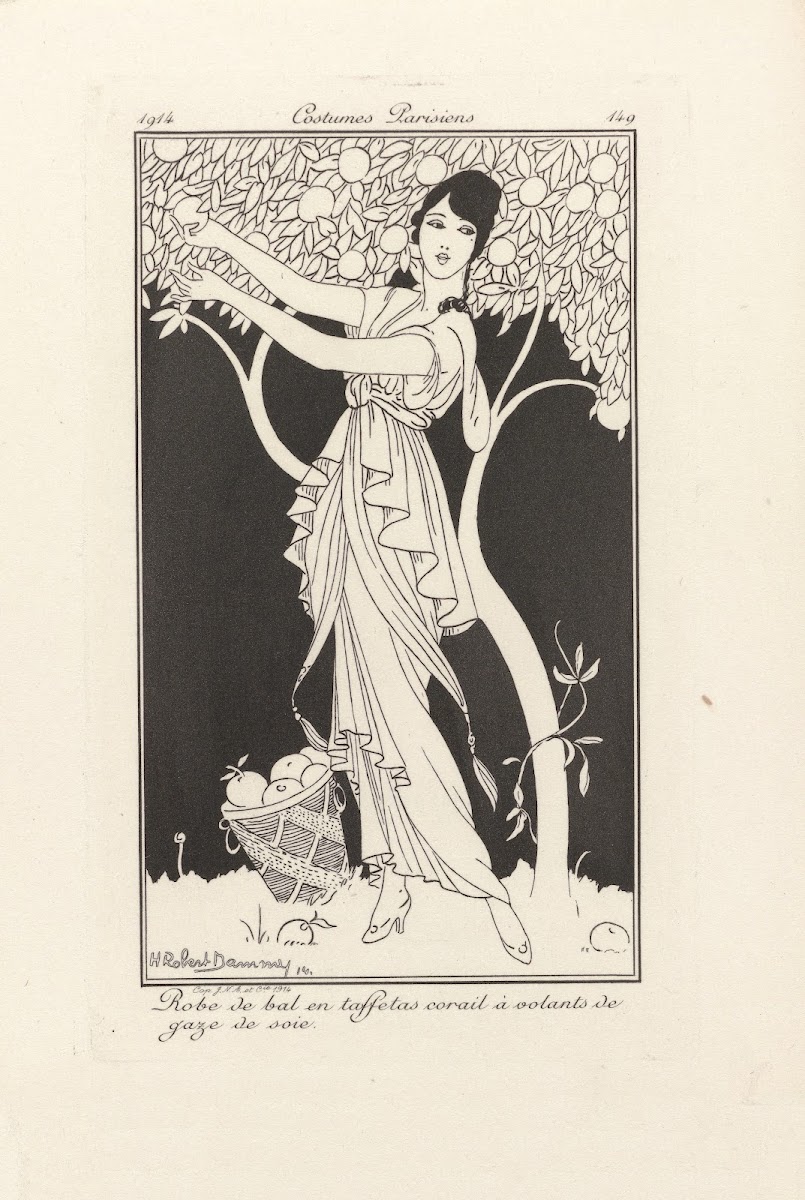 Robe de bal en taffetas corail a volants de gaze de soie 1914