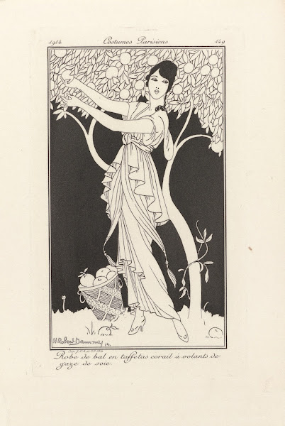 Robe de bal en taffetas corail a volants de gaze de soie 1914
