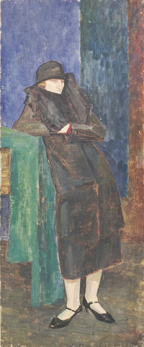 Stehende Dame mit Pelzkragen und schwarzem Hut 1934