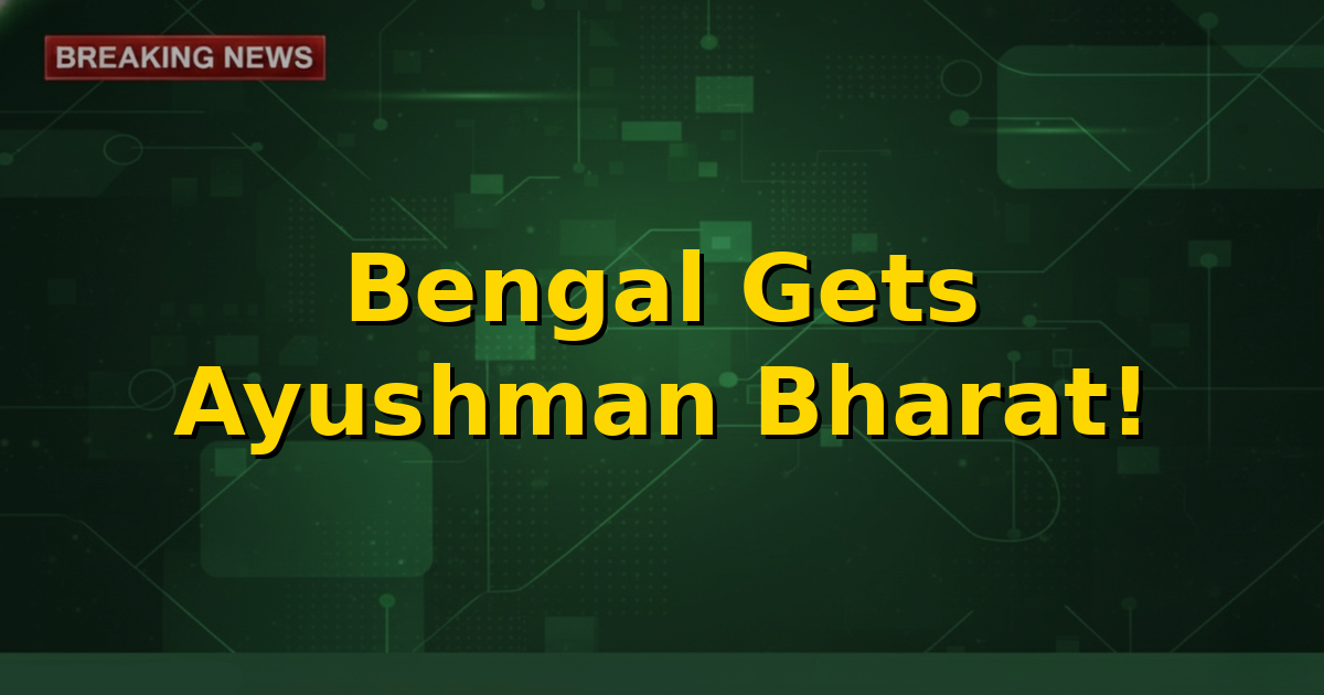 An illustration showing a family receiving an Ayushman Bharat card, with symbols of West Bengal in the background, signifying enhanced healthcare access starting July 2026.