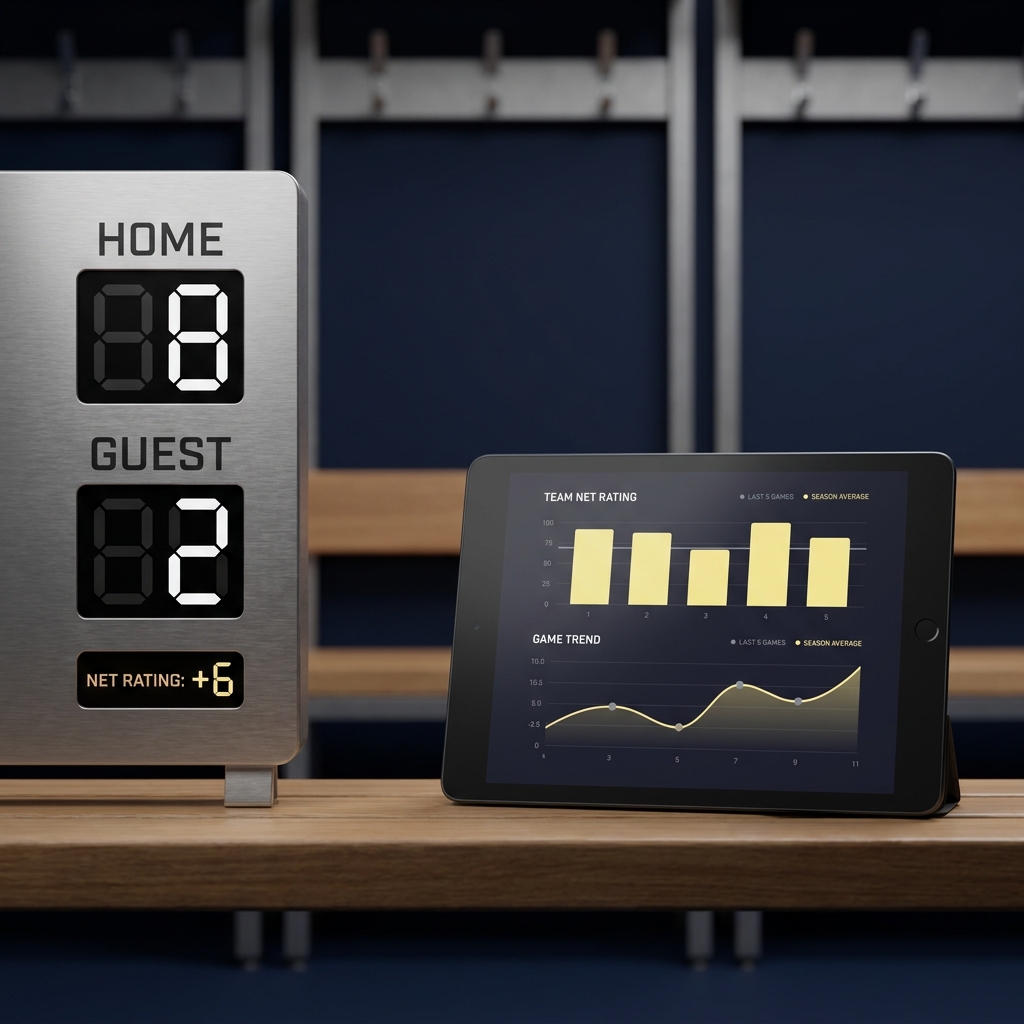 Close up locker room scoreboard and tablet showing net rating charts and analytics for bulls prediction on a clean Funded Plays dark background
