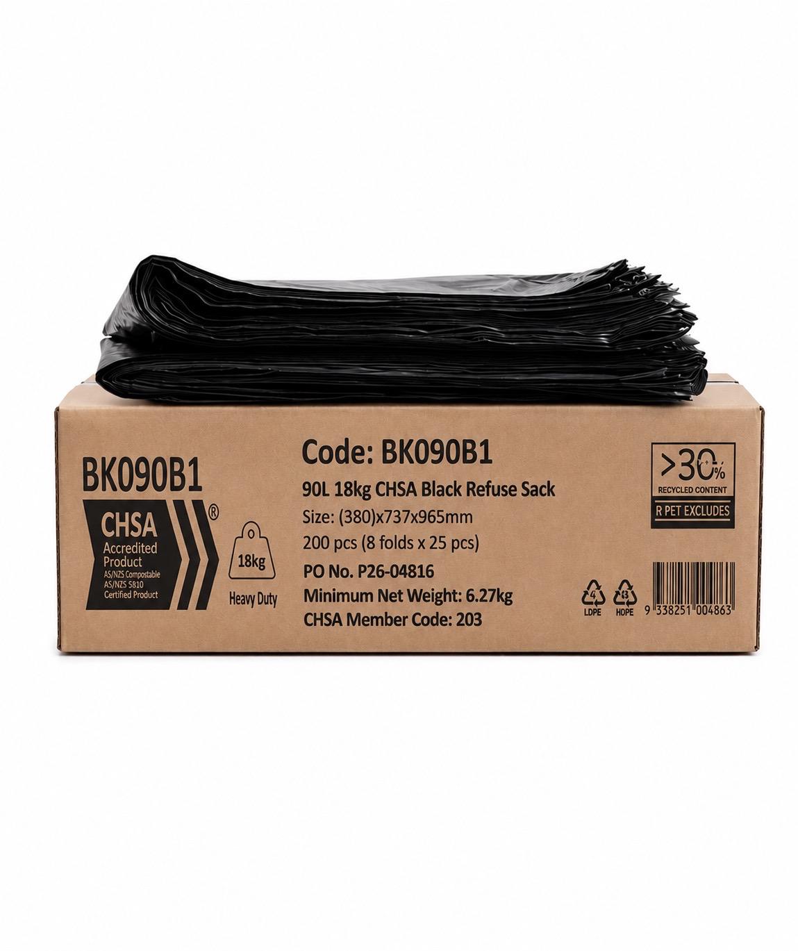 Refuse Sacks, Black H/Duty 18x29x39, 18kg, 200 per case - Product Code SB00004