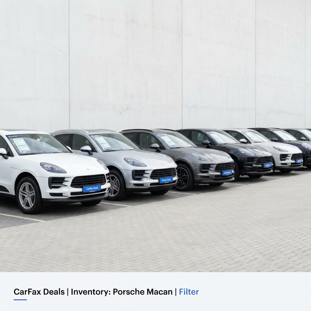 Eye level view of a dealer lot row of Porsche Macan SUVs with small non legible window stickers clean white background porsche macan for sale