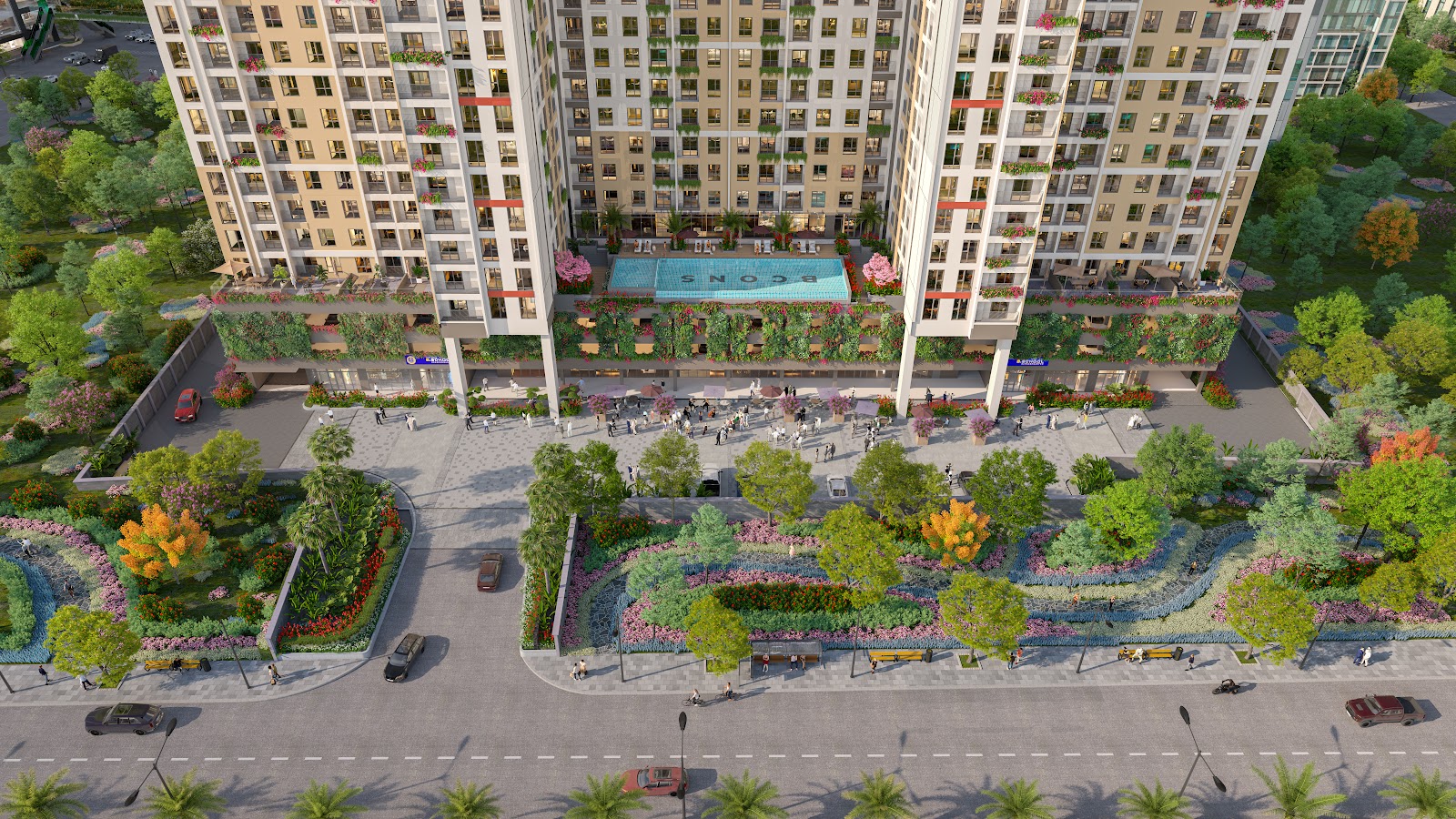 Góc nhìn từ trên cao xuống công viên nội khu và hồ bơi Bcons Aria