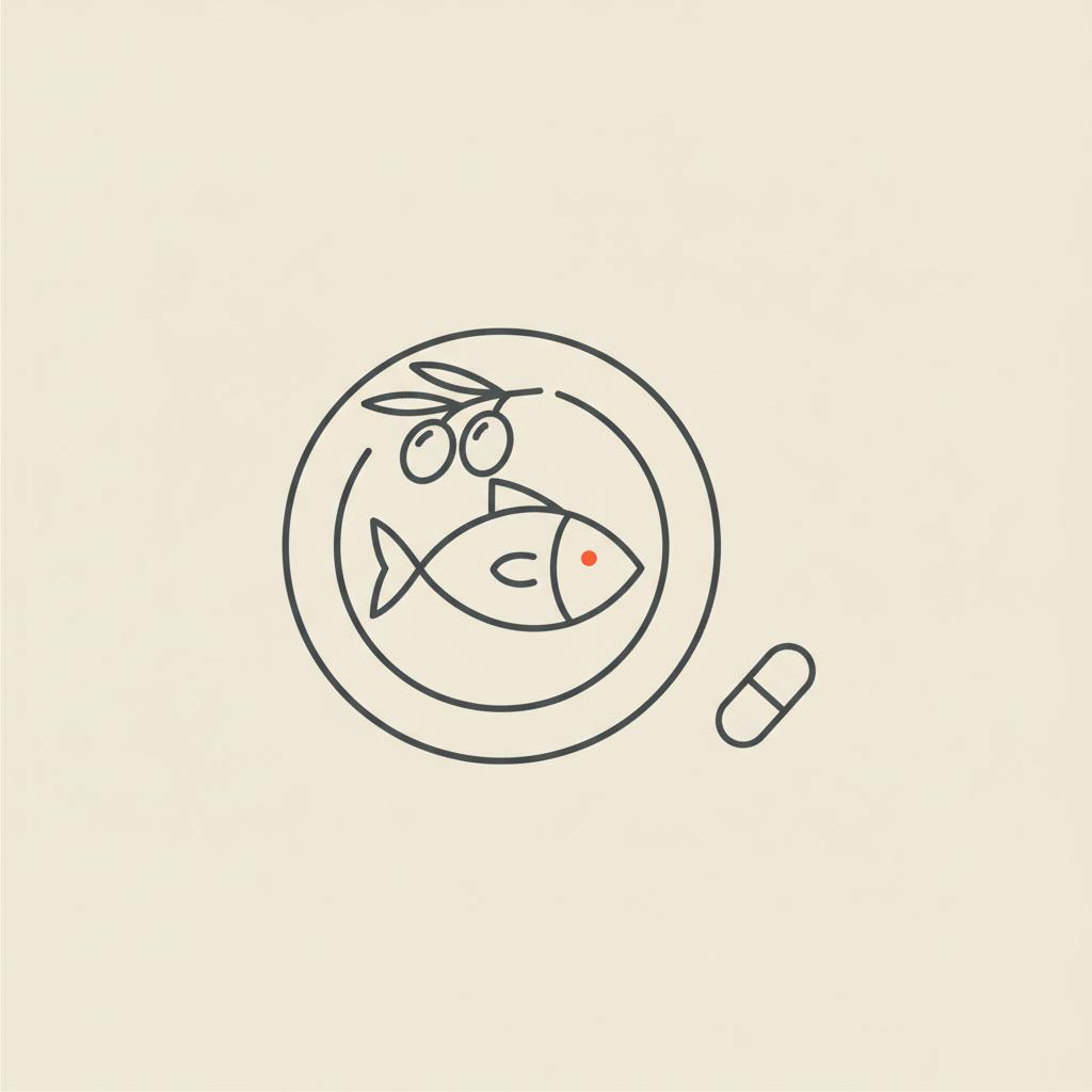 Minimal Tonum-style line icon of plate with fish, olive sprig and capsule on beige background, evoking Mediterranean diet &amp; supplements for stage 1 liver failure.
