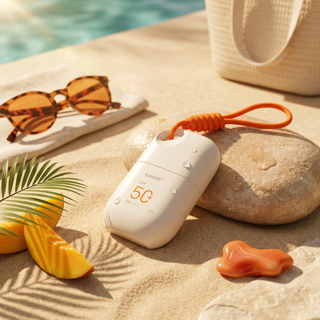 SUNDER SPF 50 sunscreen on a stone by the pool with sunglasses and mango, AI-generated scene