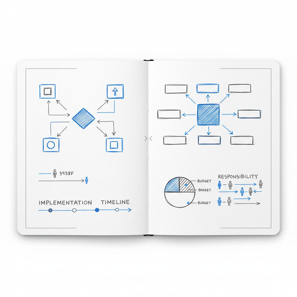 Close-up planner page with hand-drawn flowcharts comparing hosted builder and CMS choices for WordPress; minimalist white background, navy-gray sketches with blue accents