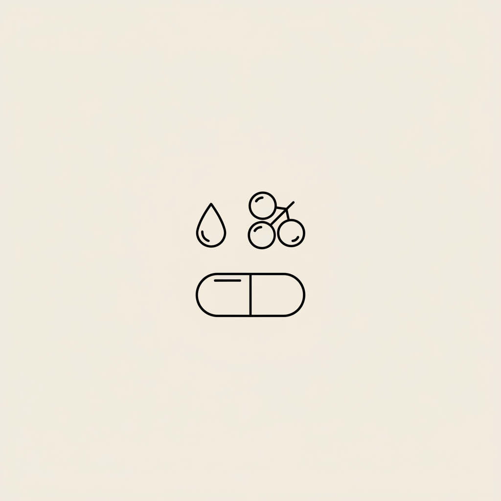 Minimal Tonum-style line illustration of a capsule, small water droplet, and three-berry cluster on a beige background, referencing what are the side effects of keto pills?
