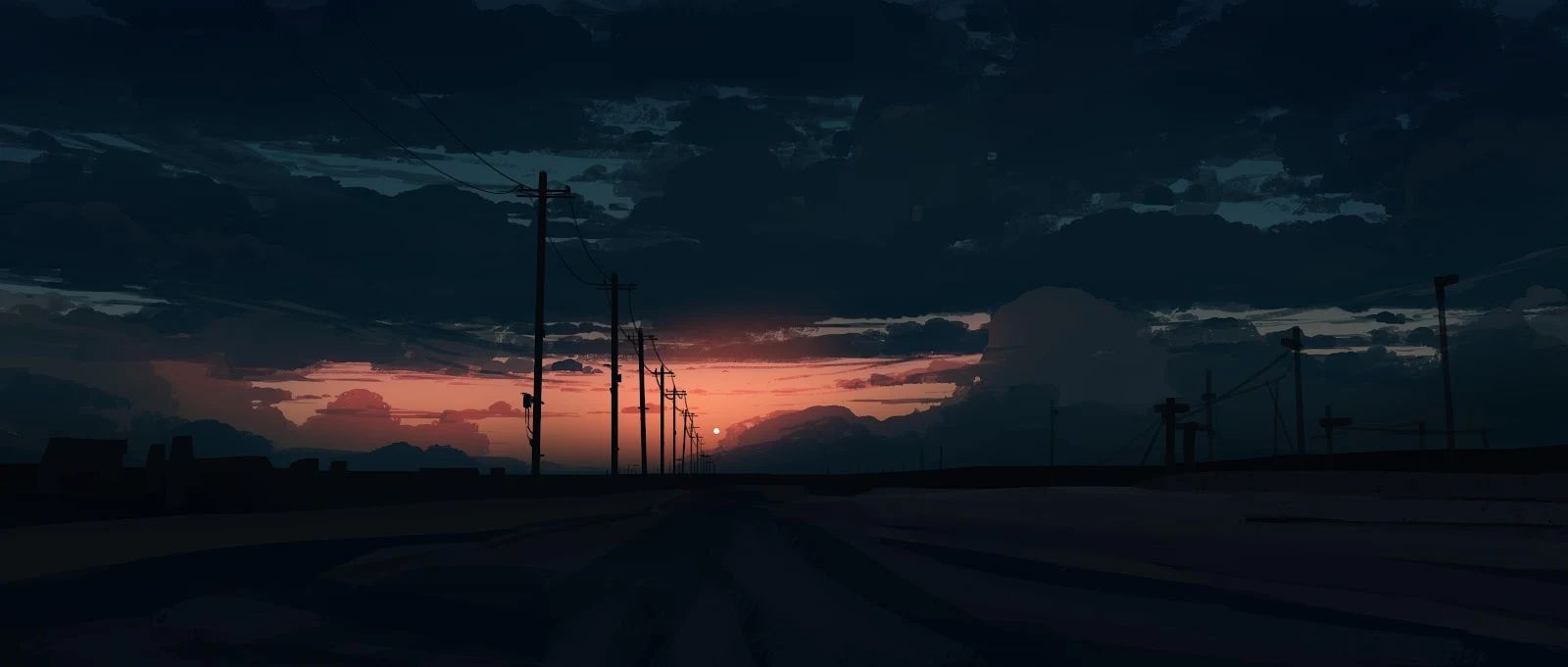 Sunset Horizon With Utility Poles - Digital Landscape Art 4K Wallpaper (5640x2400)