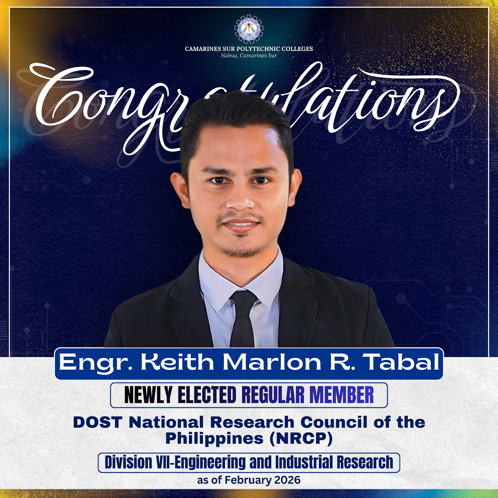 CSPC–RDSO Congratulates Engr. Keith Marlon R. Tabal on His Official Recognition as Regular Member of the DOST–NRCP Division VII (Engineering and Industrial Research)