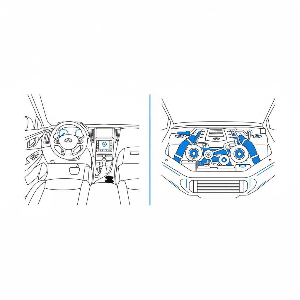 Side by side vector comparison of an Infiniti Q50 interior and engine bay highlighting the turbocharger area infiniti q50 for sale