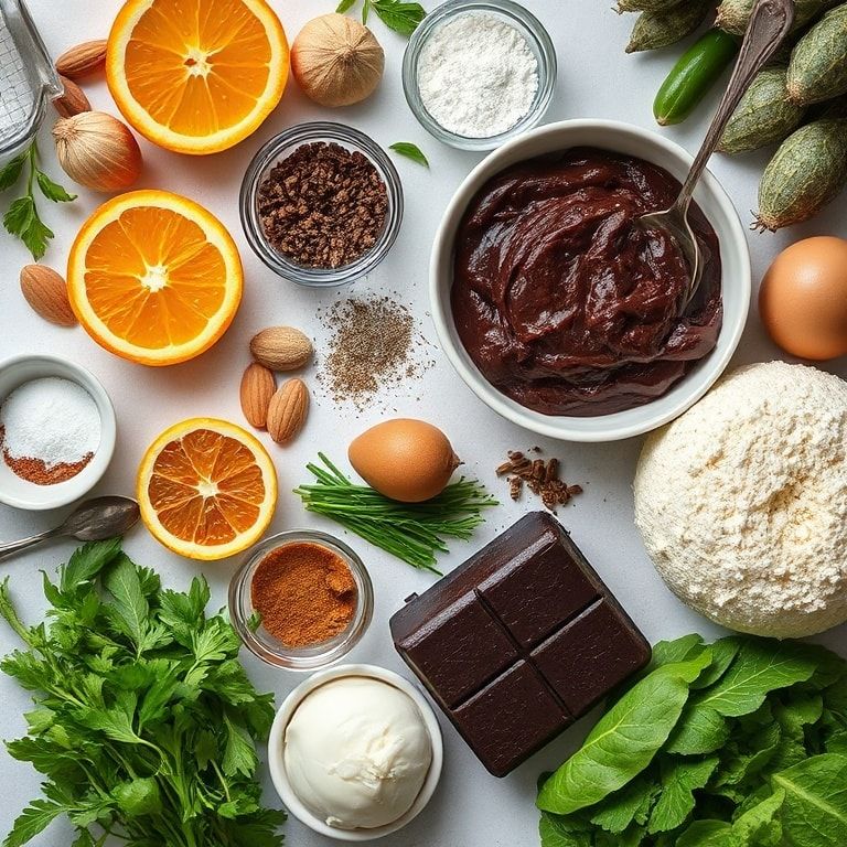 Ingredients for Dark Chocolate Orange Opera Cake Recipe with Almond Sponge – Easy Homemade Luxury