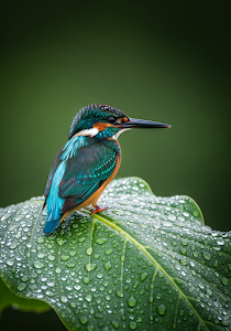 Emerald Kingfisher on Dewy Leaf