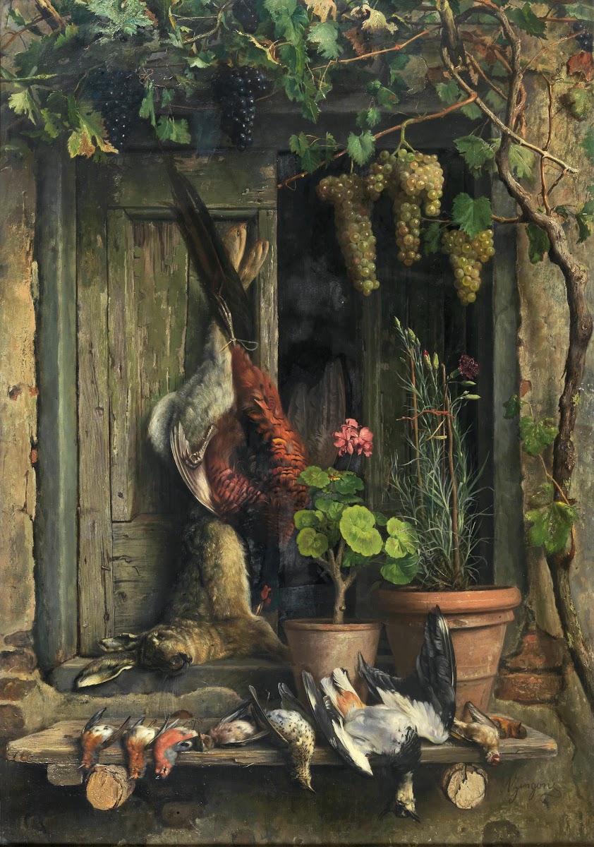 Still Life with Birds a Hare Carnations and Geraniums in a Pot under a Vine