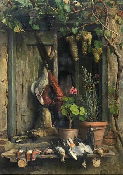 Still Life with Birds a Hare Carnations and Geraniums in a Pot under a Vine