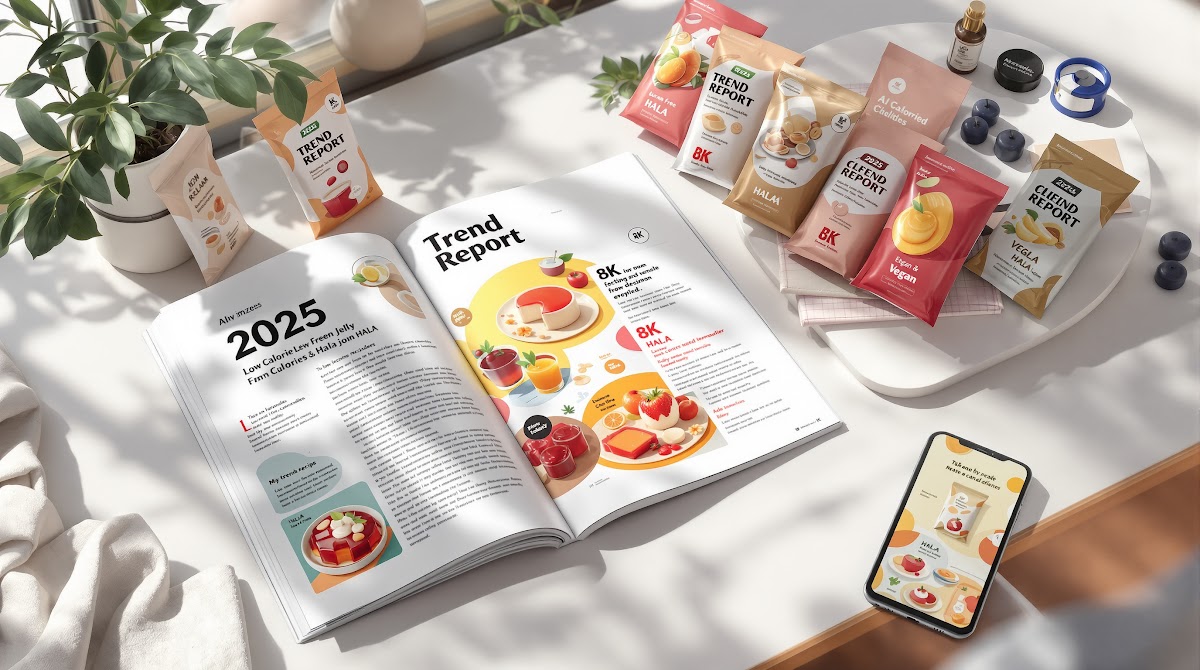 저칼로리젤리  2025년 트렌드 리포트가 펼쳐진 책상 위, 다양한 저칼로리젤리(무설탕, 비건, HALAL 인증) 패키지와 스마트폰, 태블릿으로 AI 맞춤형 젤리 추천 레시피가 제시되고, 온라인 대량 구매를 위해 장바구니에 제