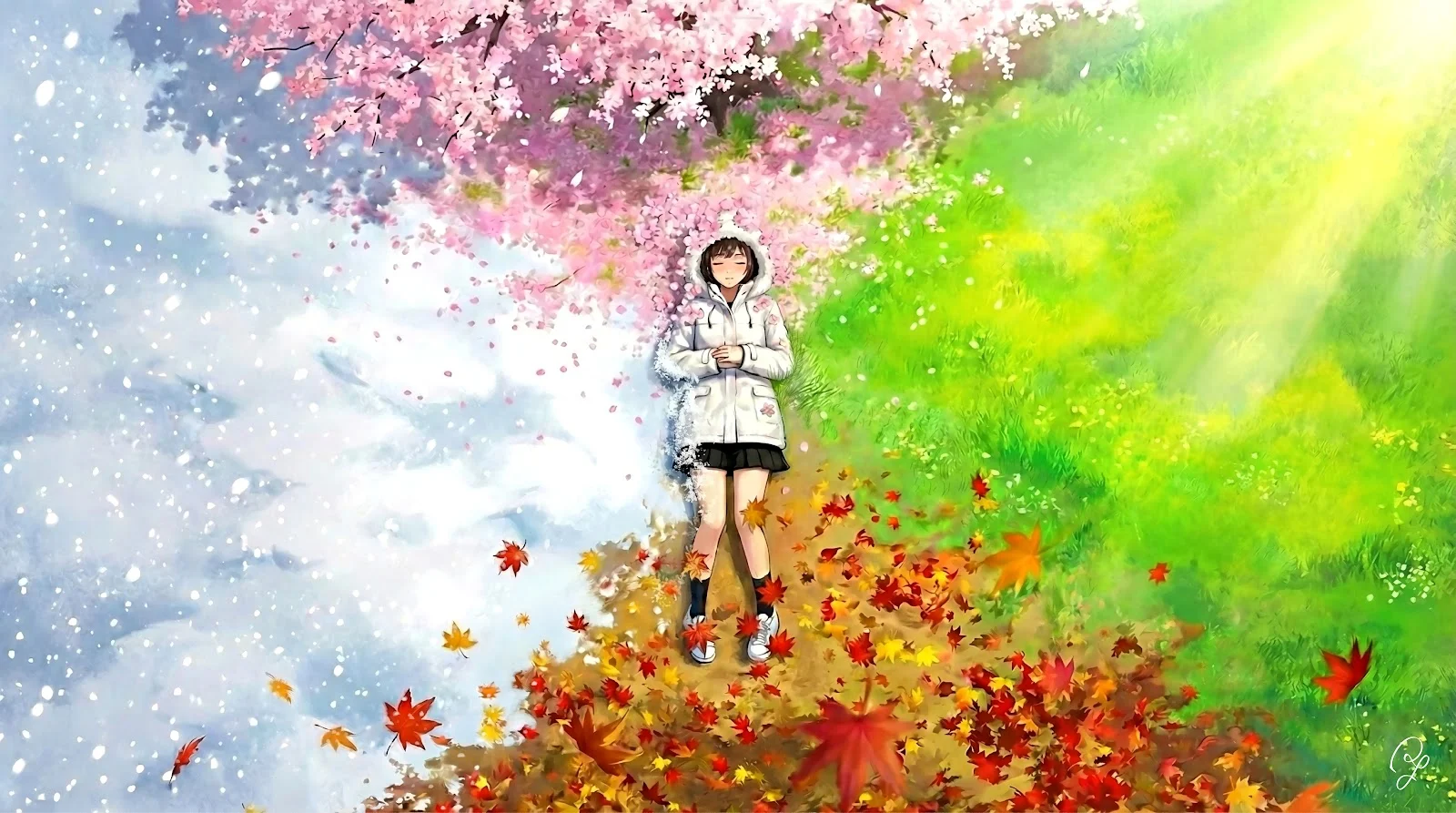 Anime Girl Embracing Four Seasons - Anime Illustration 5K Wallpaper (6689x3734)
