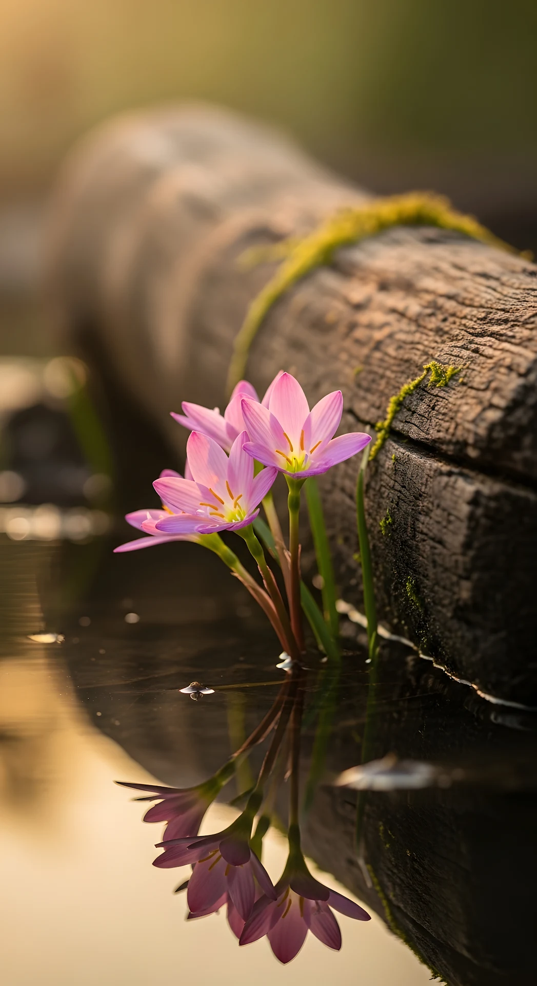 Pink Rain Lilies Reflected in Water by Mossy Log - Free 4K mobile Wallpaper