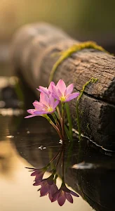 Pink Rain Lilies Reflected in Water by Mossy Log