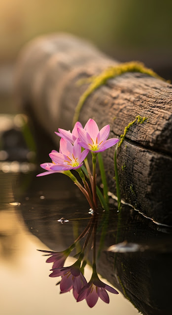 Pink Rain Lilies Reflected in Water by Mossy Log - Free mobile Wallpaper
