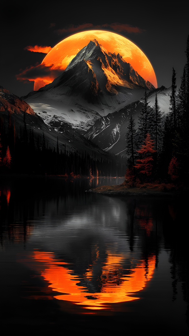 Snowy Mountain and Lake Under Giant Orange Moon
