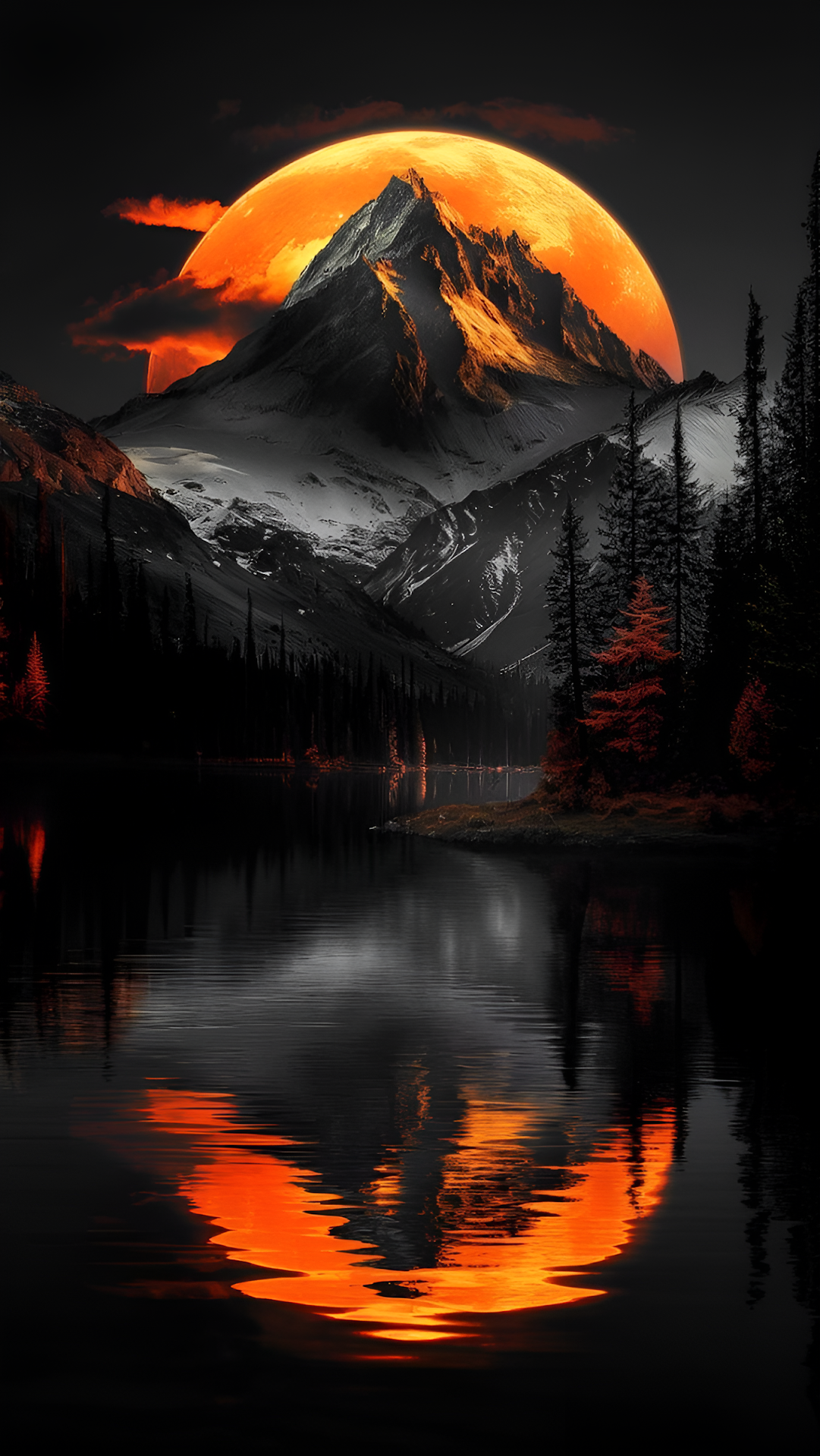 Snowy Mountain and Lake Under Giant Orange Moon - Free 4K mobile Wallpaper