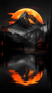 Snowy Mountain and Lake Under Giant Orange Moon