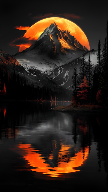Snowy Mountain and Lake Under Giant Orange Moon - Free mobile Wallpaper