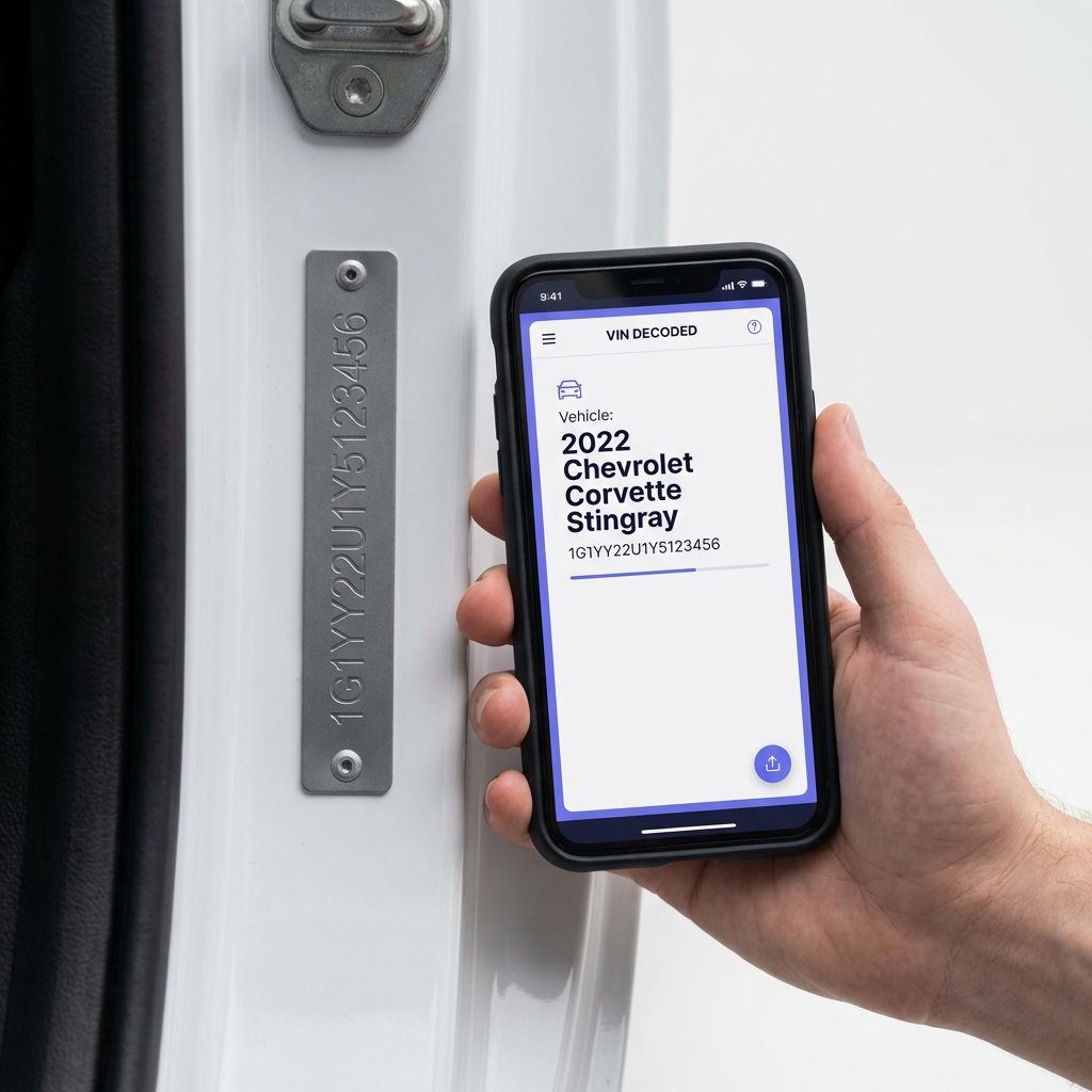 Close up of car VIN plate on door jamb with hand holding smartphone showing decoded VIN screen minimalist white background subtle 3666ed accent used car inspection checklist
