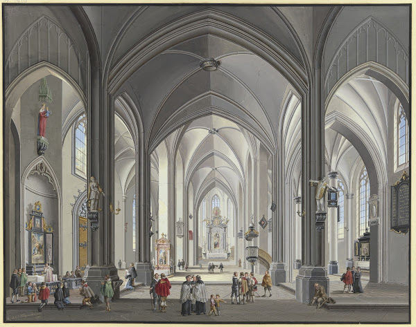 Blick in das Innere einer gotischen Hallenkirche mit vielen Staffagefiguren in d