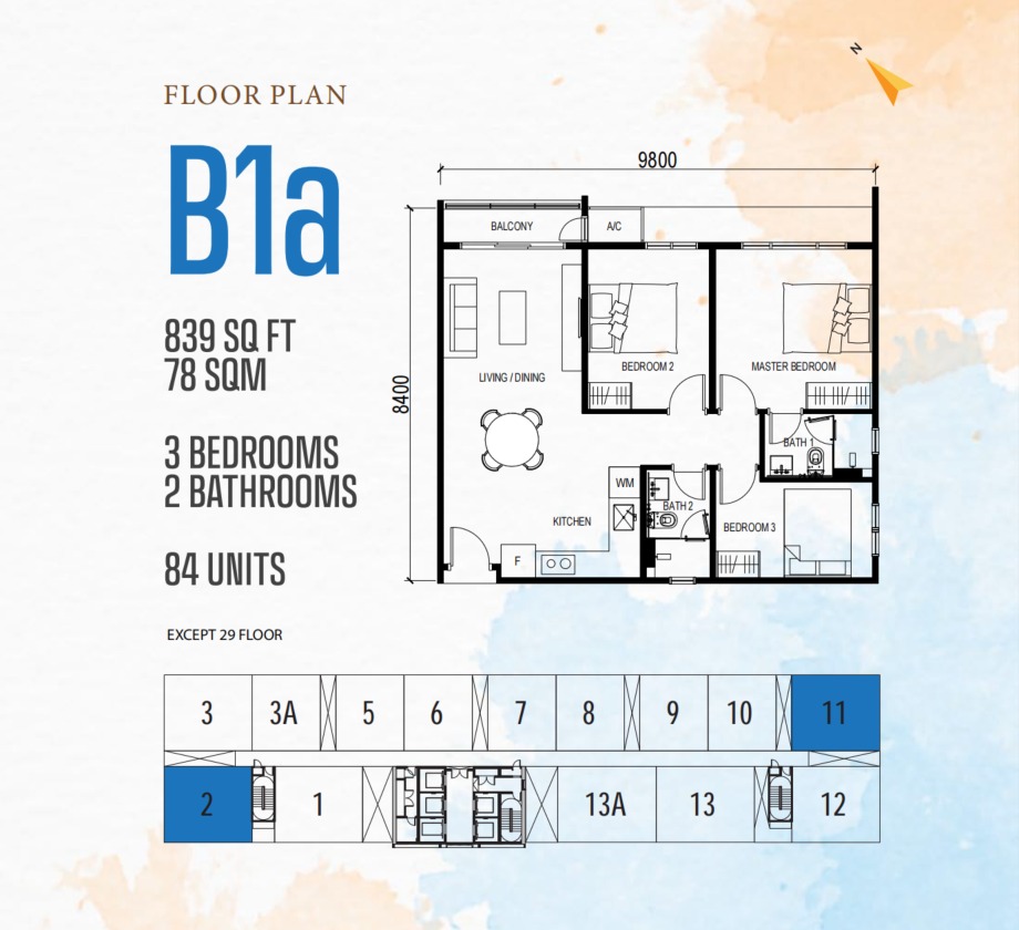 Vox Type B1A floor plan — 842 sq ft, 2 bedrooms