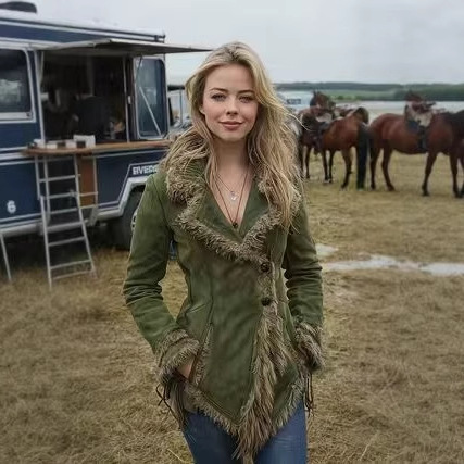 Damen-Wildlederimitat-Jacke mit Fellkragen und Revers