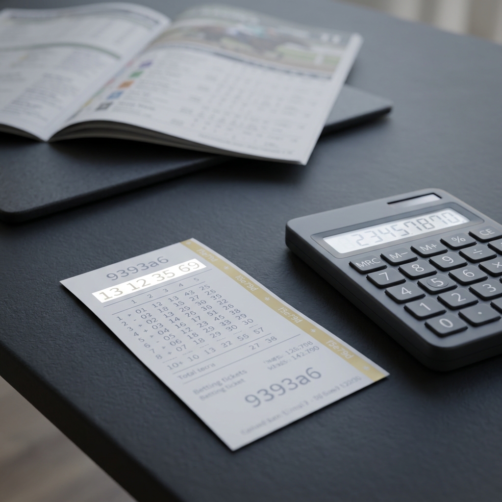 Close up of betting ticket and calculator with a racing program in the background showing payout calculator horse racing on a minimalist dark Funded Plays style layout