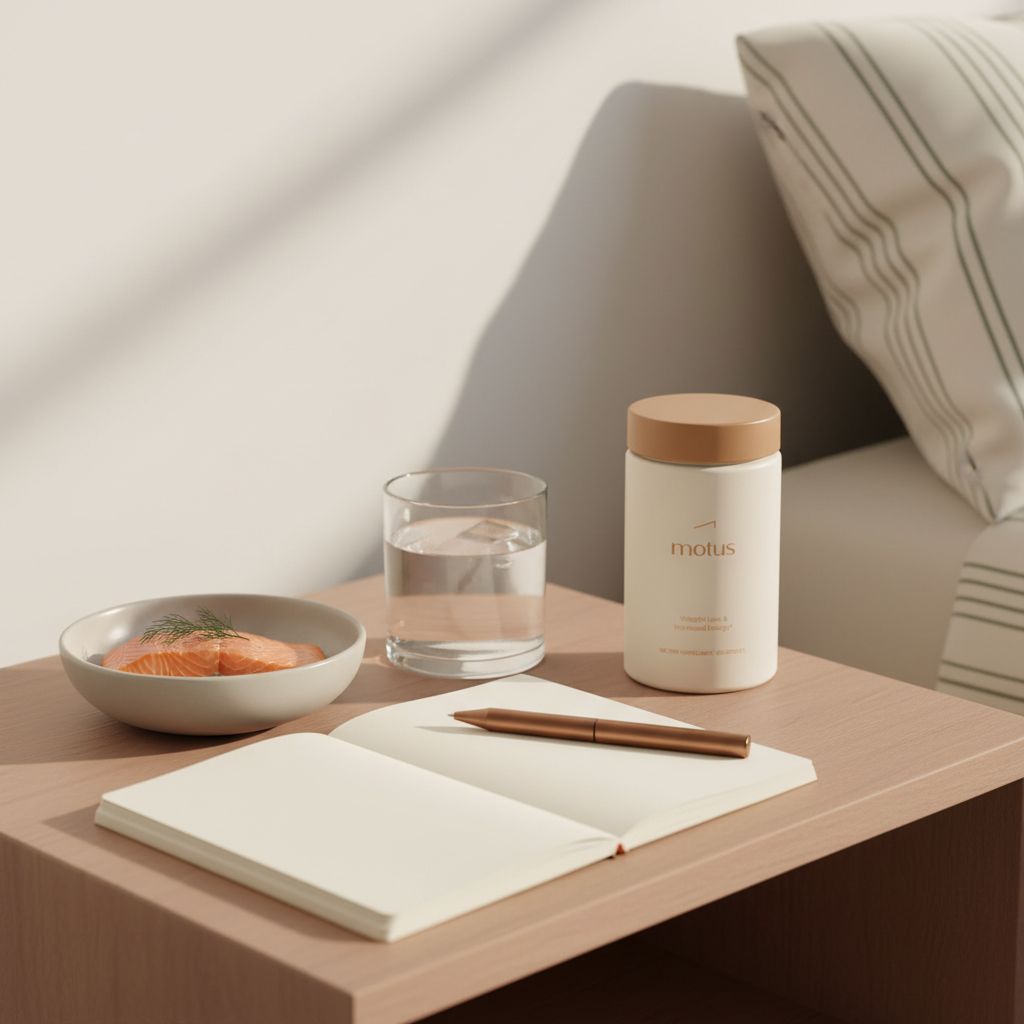 Tidy bedside table with Tonum supplement jar next to a bowl of salmon and open notebook, illustrating a measured morning routine and omega-3 dosage for brain repair